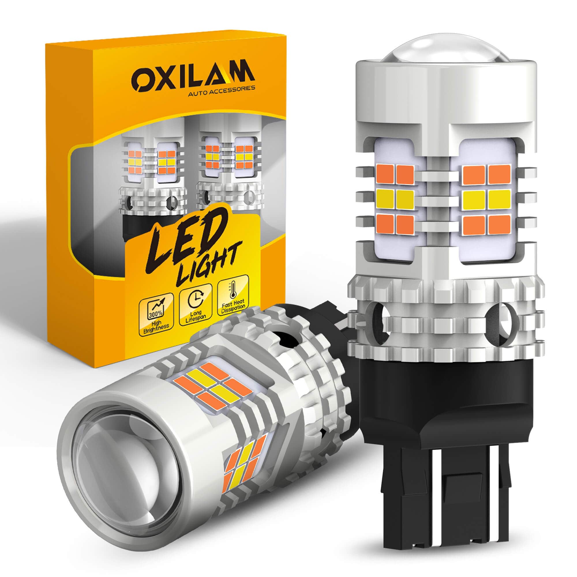Oxilam Motor Vehicle Lighting OXILAM 7443 Switchback LED Bulbs – 600% Brighter, Built-in IC driver, Dual Color Amber/White, Pack of 2