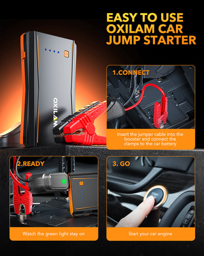 OXILAM Jump Starter Y1, 2500A Peak, 8L Gas and 6L Diesel Engines, UltraSafe 12V Portable Jumper Cables with Battery Pack