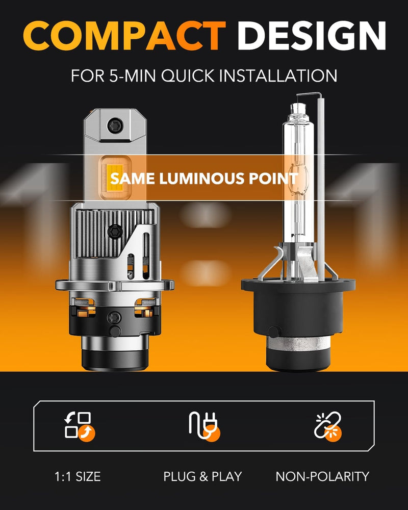 Oxilam Motor Vehicle Lighting OXILAM 2026 D2S/D2R LED Bulbs 900% Ultra Bright 6500K, 30,000LM Plug & Play HID Replacement, 1:1 Mini Size, IP68 Waterproof, 2PCS
