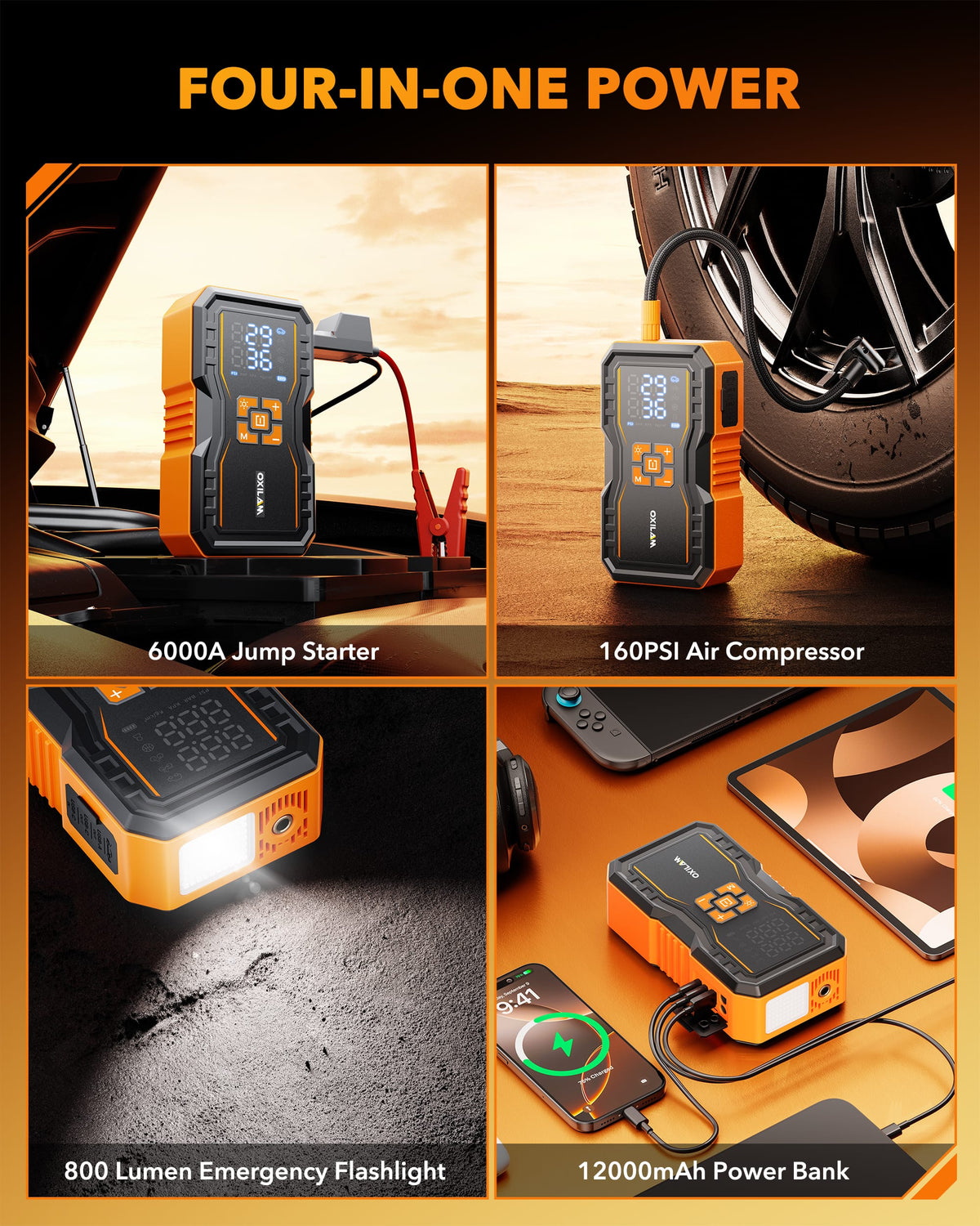 Oxilam Motor Vehicle Parts OXILAM 7000A Jump Starter with Air Compressor, 160 PSI Portable Tire Inflator for 12L Diesel & Gas Engines, 12V Battery Jumper Starter with Smart Display, LED Light & Power Bank