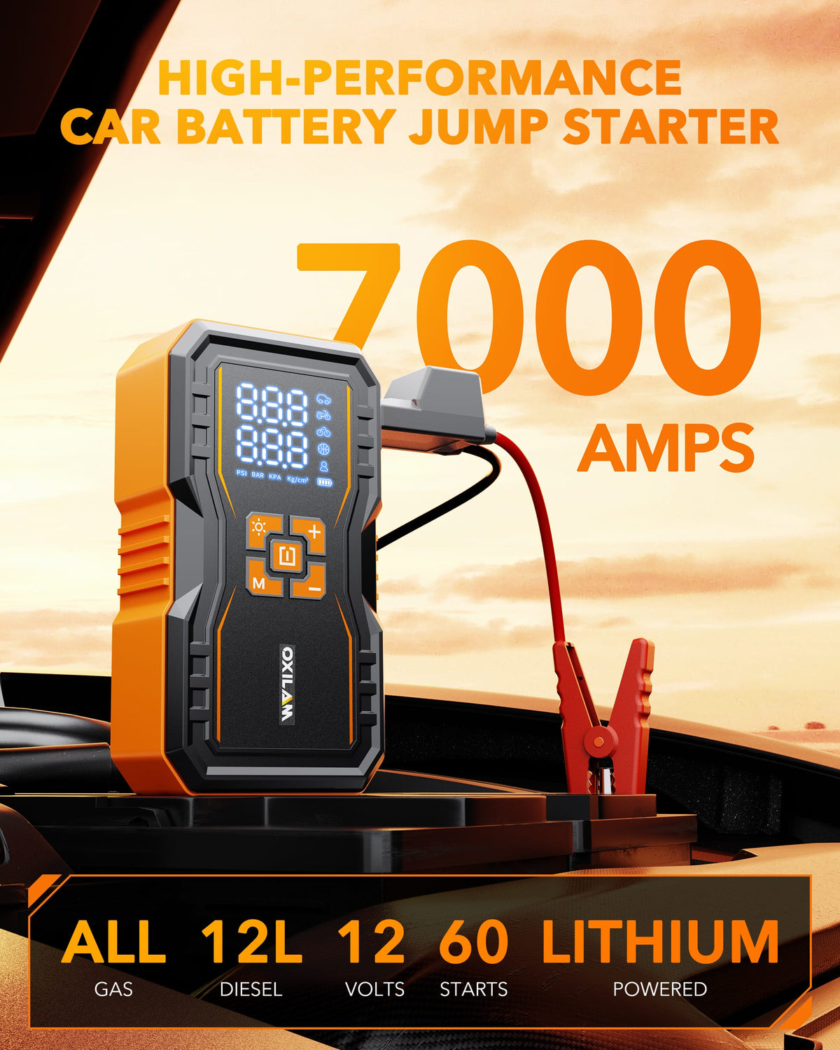 Oxilam Motor Vehicle Parts OXILAM 7000A Jump Starter with Air Compressor, 160 PSI Portable Tire Inflator for 12L Diesel & Gas Engines, 12V Battery Jumper Starter with Smart Display, LED Light & Power Bank
