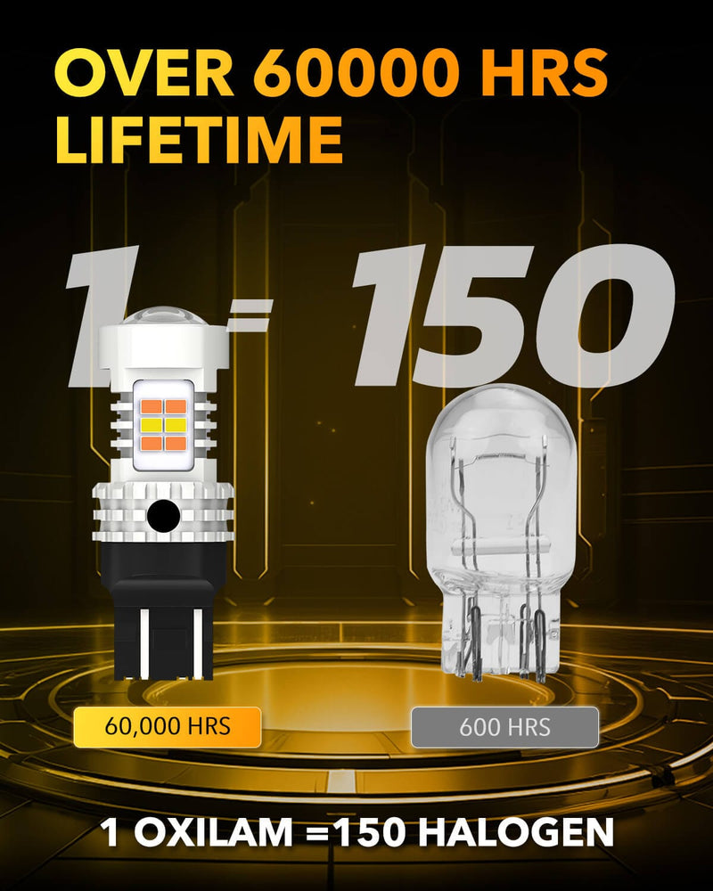 Oxilam Motor Vehicle Lighting OXILAM 7443 Switchback LED Bulbs – 600% Brighter, Built-in IC driver, Dual Color Amber/White, Pack of 2