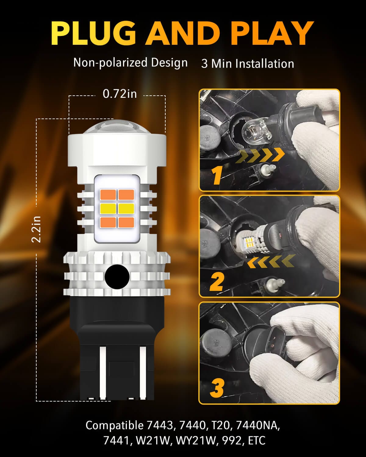 Oxilam Motor Vehicle Lighting OXILAM 7443 Switchback LED Bulbs – 600% Brighter, Built-in IC driver, Dual Color Amber/White, Pack of 2