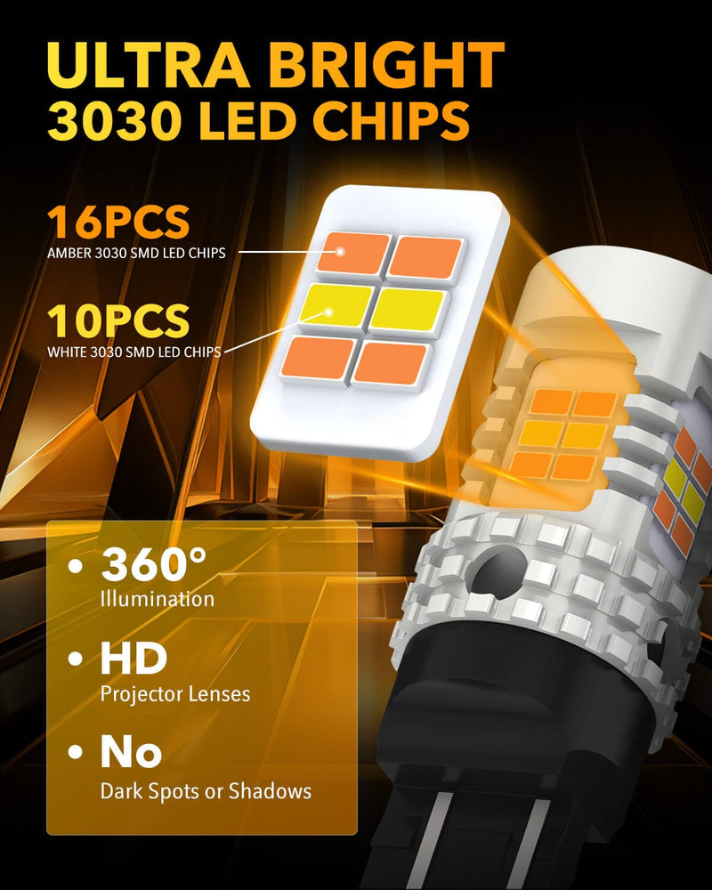 Oxilam Motor Vehicle Lighting OXILAM 7443 Switchback LED Bulbs – 600% Brighter, Built-in IC driver, Dual Color Amber/White, Pack of 2