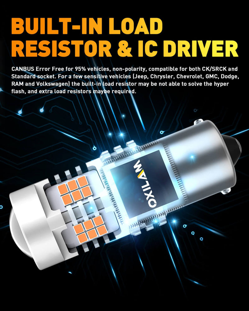 Oxilam Brake OXILAM 7507 PY21W BAU15S LED Bulbs Amber Yellow 2800LM for Turn Signal Lights with Build-in Load Resistor CANBUS Error Free 2641A 12496 7507AST Bulb Replacement (2PCS)