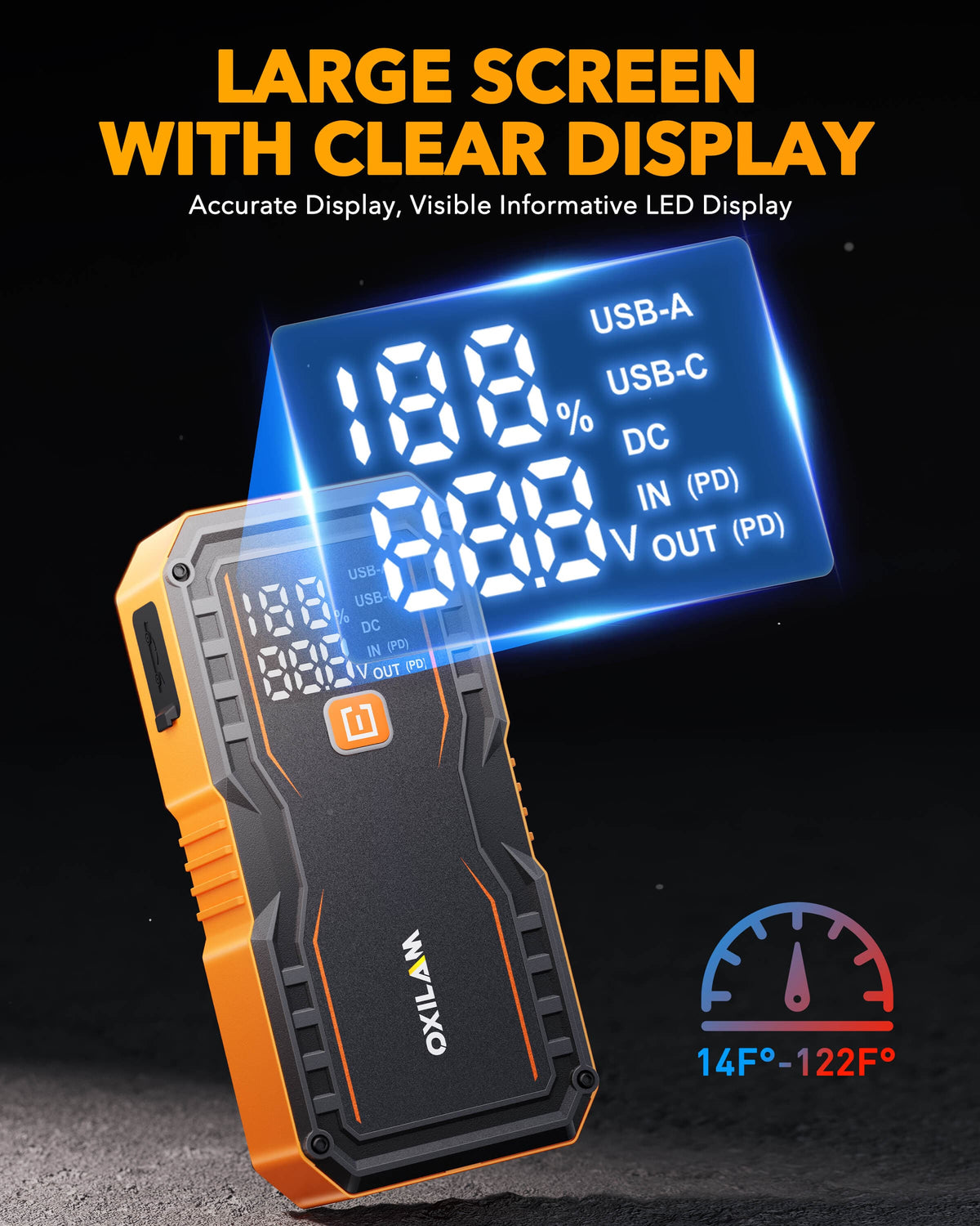 Oxilam Motor Vehicle Parts OXILAM 9000A Jump Starter 20000mAh for All Gas & Diesel Engines, Smart Display, 8AWG Cables, 12V Portable Battery Booster