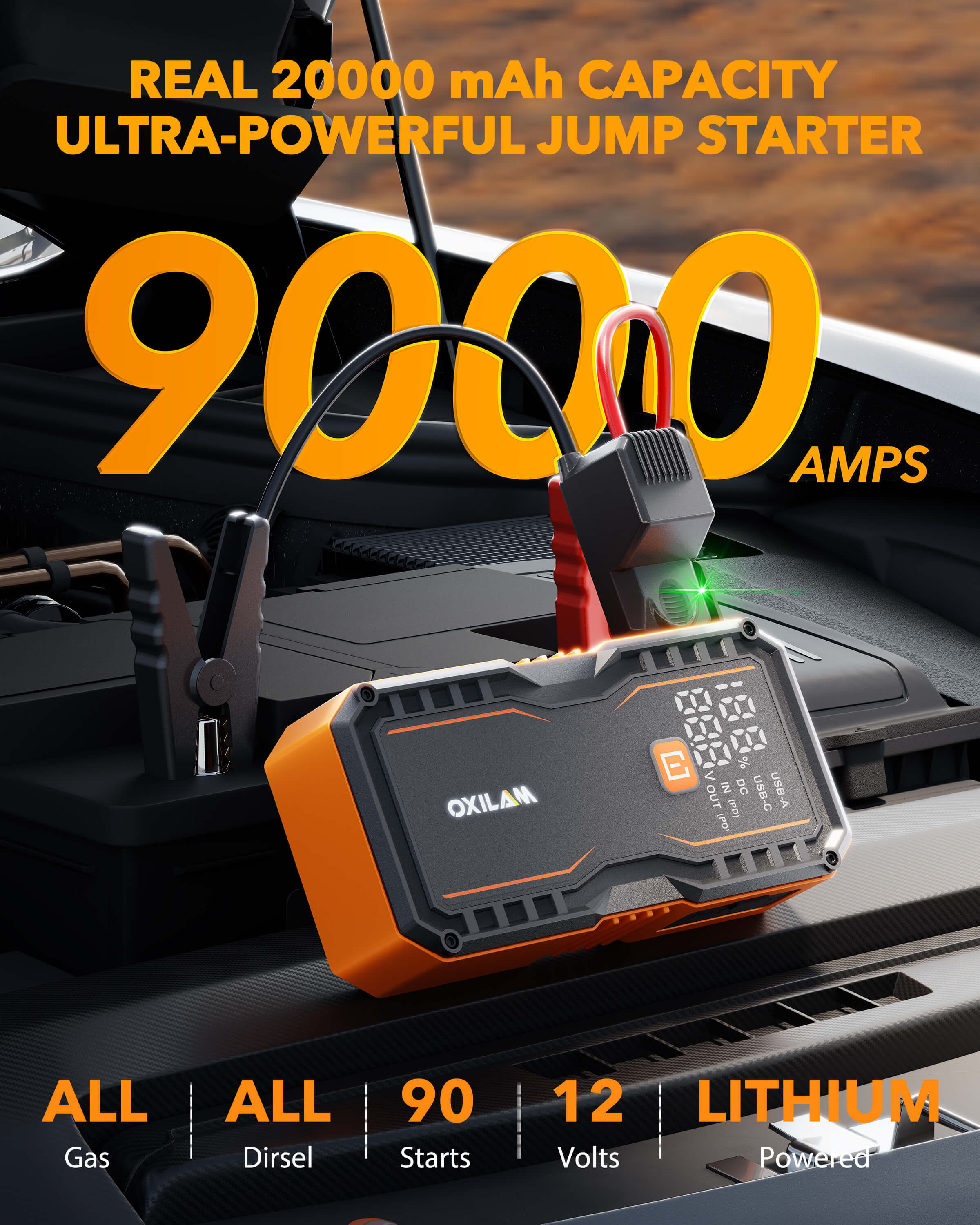 Oxilam Motor Vehicle Parts OXILAM 9000A Jump Starter 20000mAh for All Gas & Diesel Engines, Smart Display, 8AWG Cables, 12V Portable Battery Booster
