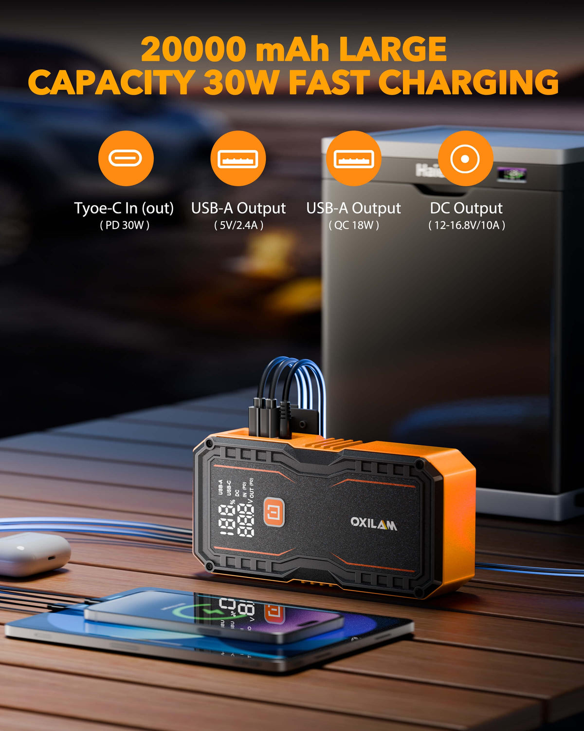 Oxilam Motor Vehicle Parts OXILAM 9000A Jump Starter 20000mAh for All Gas & Diesel Engines, Smart Display, 8AWG Cables, 12V Portable Battery Booster