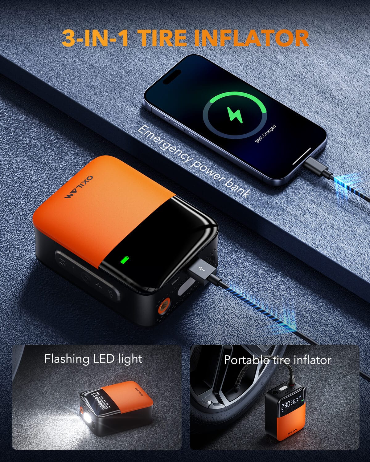 Oxilam Motor Vehicle Parts OXILAM C1 Tire Inflator, 3X Faster, Long-Lasting & Smart Modes for Convenient Inflation