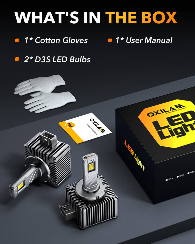 Oxilam Motor Vehicle Lighting OXILAM D3S LED Bulbs - 30000 Lumens Ultra-Bright 6500K, 65,000 Hours Lifespan, Easy Plug-and-Play, 99% Compatibility