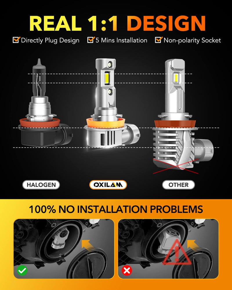 Oxilam OXILAM H11 9005 LED Light Bulbs Combo, 40000 Lumens 6500K, 1:1 Size DRL Fog Light Halogen Replacement, Pack of 4