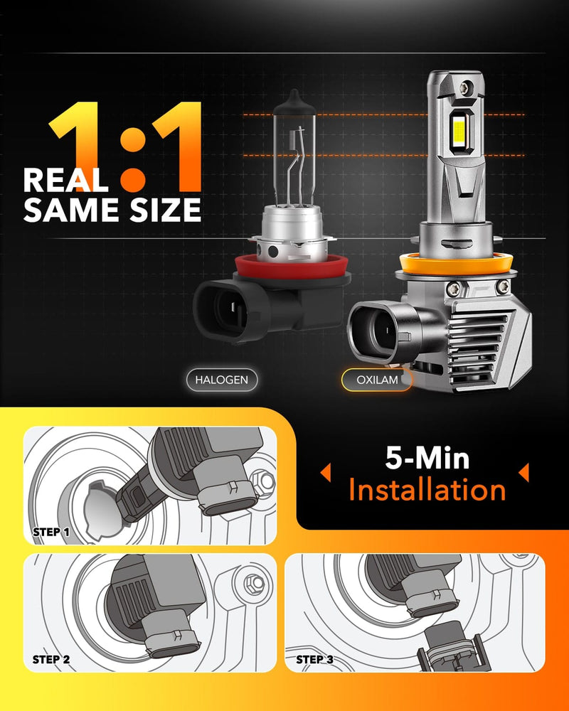 Oxilam Motor Vehicle Lighting OXILAM H11 H9 H8 LED Headlight/ Fog Light Bulbs 24000LM 6500K