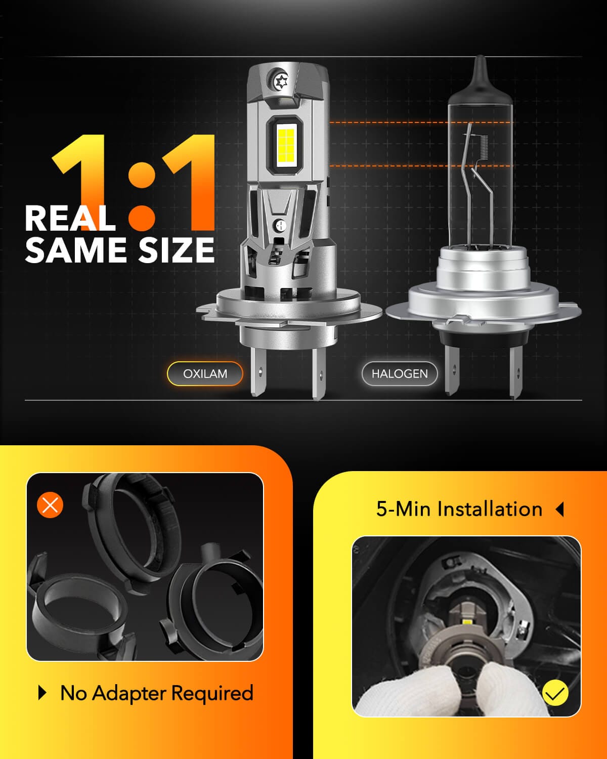 OXILAM H7 LED Bulb 24000LM 700% Brighter, 1:1 Size No Adapter