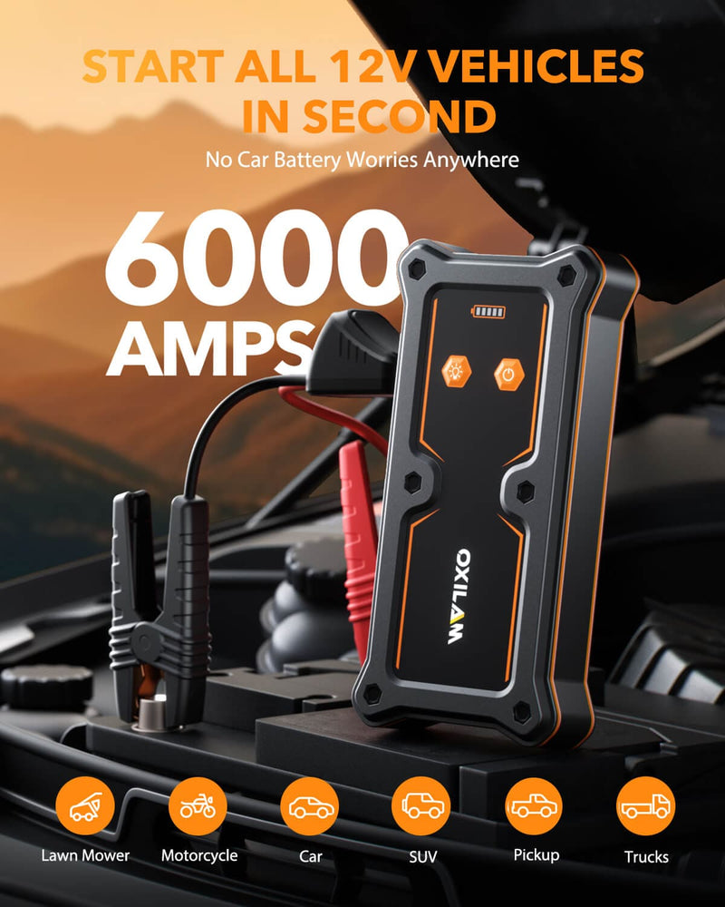 Oxilam OXILAM Jump Starter Y3 6000A for All Gas/12L Diesel, UltraSafe 12V Lithium Battery with 1000 LM Flashlight