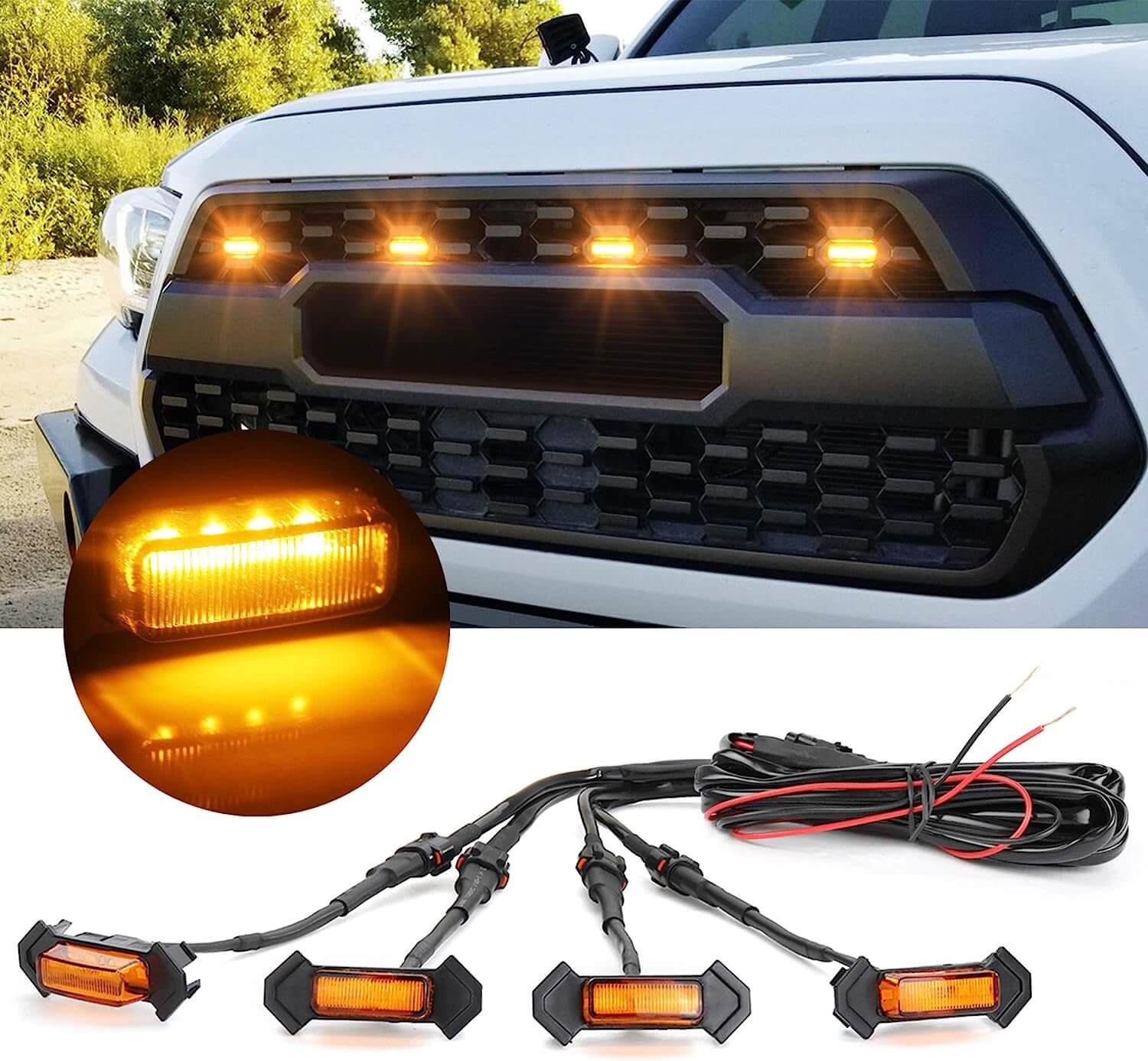 Oxilam Motor Vehicle Lighting OXILAM LED Grille Lights Amber Yellow with Fuse for Tacoma TRD PRO Front Grille 2016 2017 2018 (4PCS, Amber Shell with Amber Light)