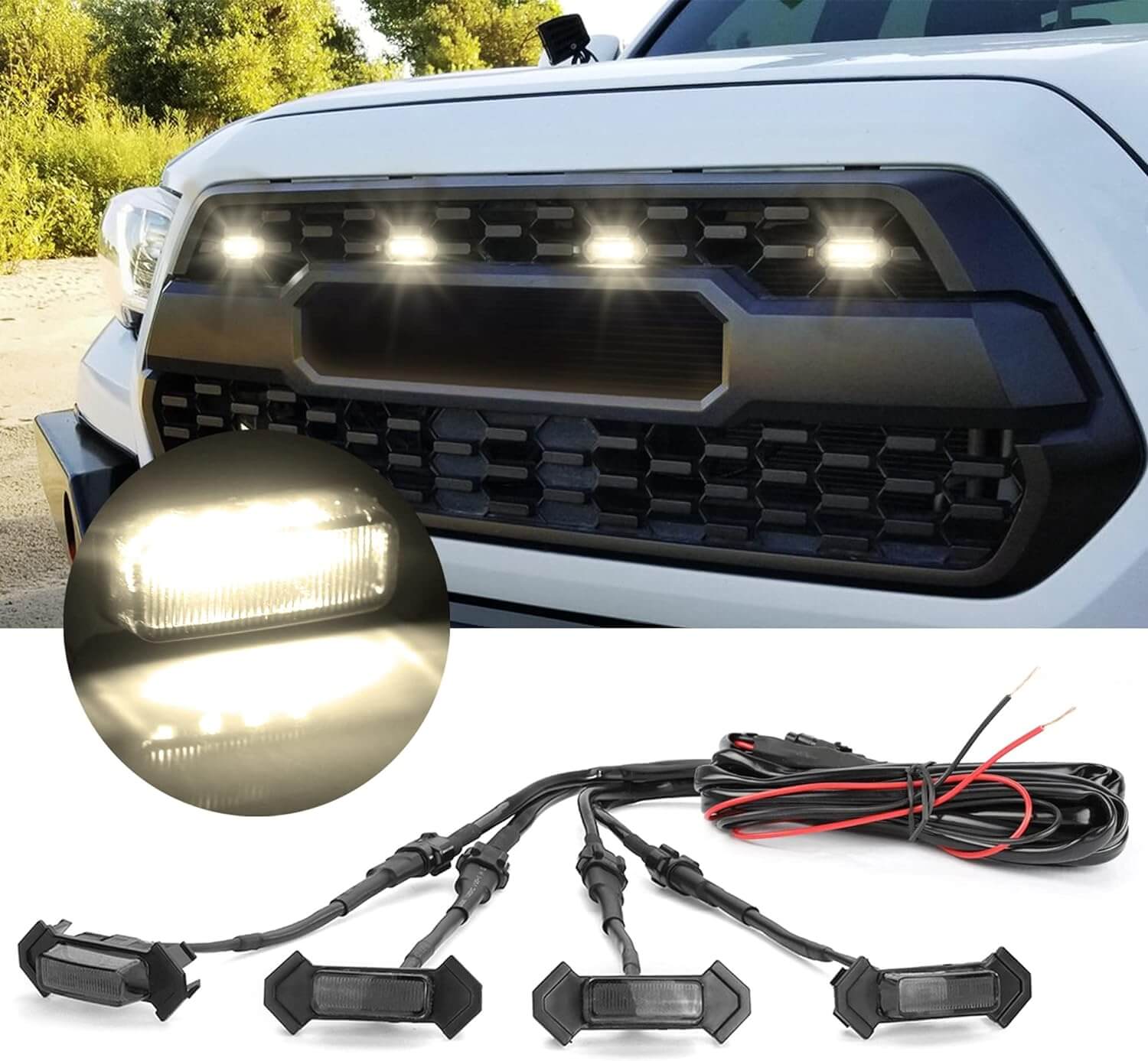 Oxilam Motor Vehicle Lighting OXILAM LED Grille Lights with Harness & Fuse for Toyota Tacoma TRD PRO Front Grille 2016 2017 2018 2019 (4PCS, Black Shell with Warm White Light)