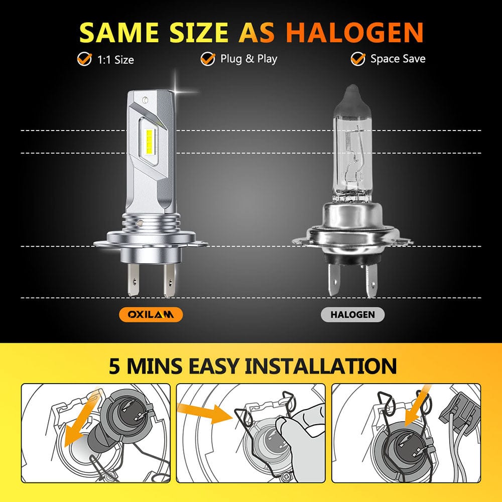 Oxilam Motor Vehicle Lighting OXILAM Q26 Series H7 White LED Headlight Bulbs - 4X Brighter, Easy Install, Durable, Waterproof, 6500K Light