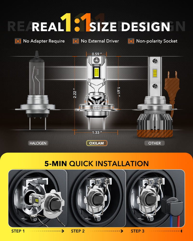 Oxilam Motor Vehicle Lighting OXILAM Q36 Series H7 LED Headlights or Fog Lights - 40,000LM, 900% Brightness, 6500K Cool White, 1:1 Halogen Size, 3-Min Install, IP68 Waterproof