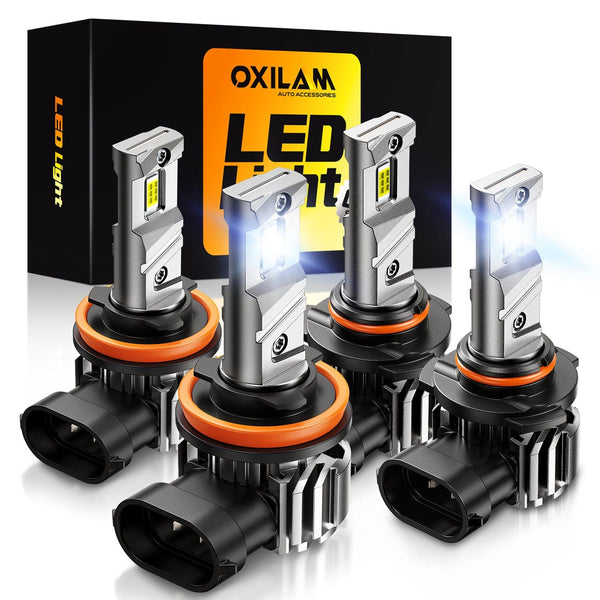 OXILAM Q6 Series 9005/HB3 H11/H8/H9 LED Headlight and Fog Light Bulbs, 34000LM, 6500K White, Fanless, 1:1 Mini Size, Plug and Play, Pack of 4