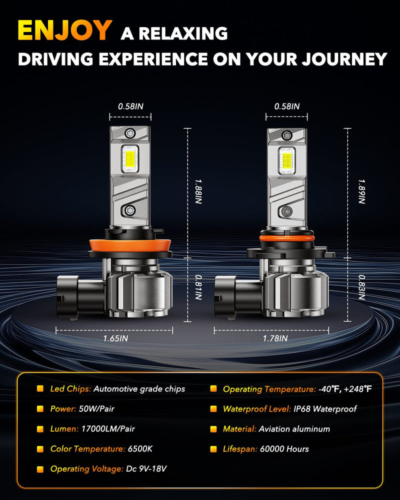 Oxilam Motor Vehicle Lighting OXILAM Q6 Series 9005/HB3 H11/H8/H9 LED Headlight and Fog Light Bulbs, 34000LM, 6500K White, Fanless, 1:1 Mini Size, Plug and Play, Pack of 4