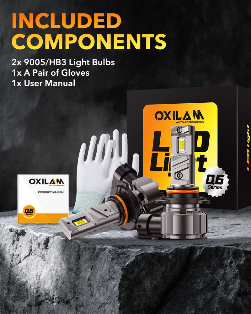 Oxilam Motor Vehicle Lighting OXILAM Q6 Series 9005 HB3 LED Headlight Bulbs, 17000LM 6500K White, Fanless 1:1 Mini Size, Plug and Play, Pack of 2
