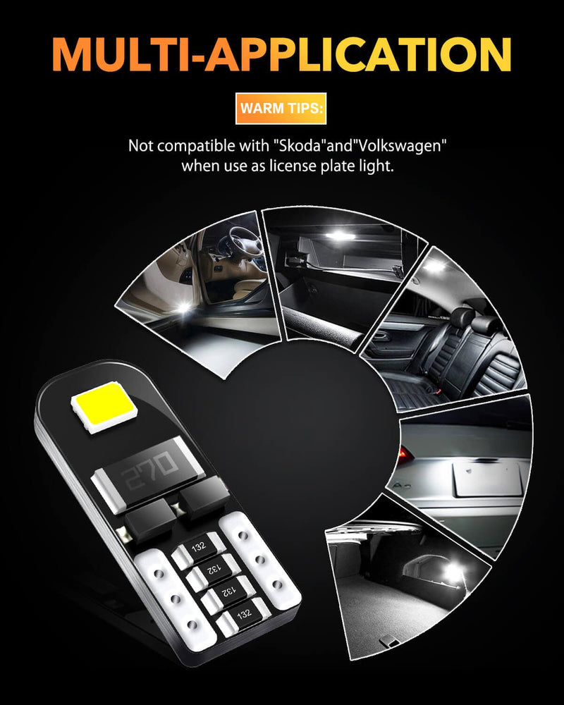 Oxilam OXILAM White T10 194 W5W 168 2825 LED Bulbs Widely Used as Parking Lights Door Lights License Plate Lights (10 PCS)