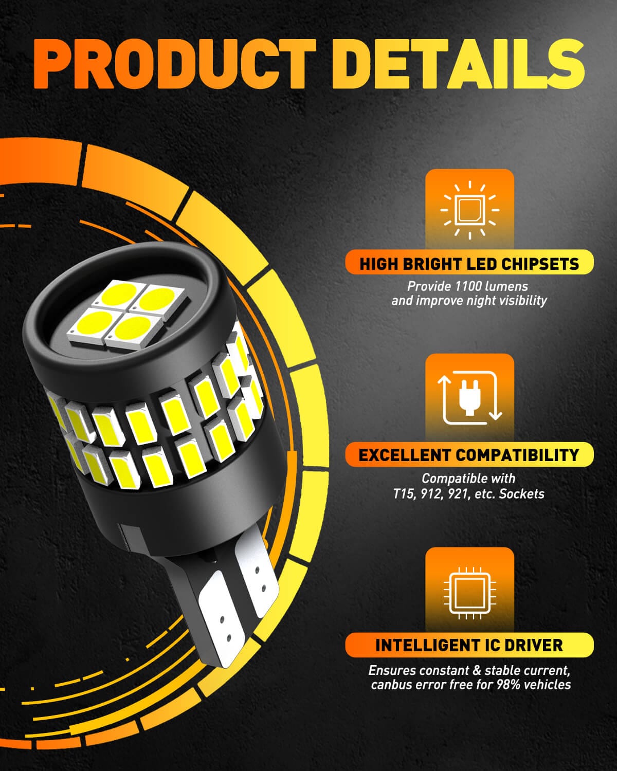 Oxilam Motor Vehicle Lighting 2022 Upgraded 912 921 LED Bulb Reverse Lights, OXILAM Backup Light Bulbs for Car, 300% Higher Brightness 6000K White, Mini Size Non-polarity Canbus Error Free T15 906 W16W Bulb