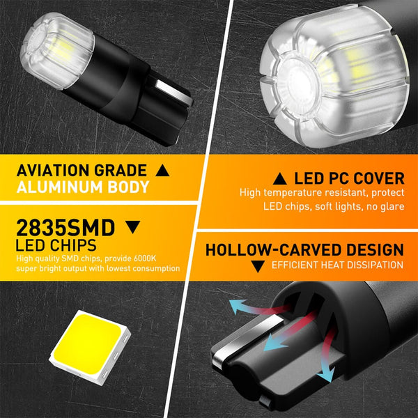 Partsam 194 168 LED Bulbs White, Super Bright T10 2825 Car Interior Dome  Lights Bulbs 6000K 5050-SMD Chipsets Error Free for Car Dome Map Door