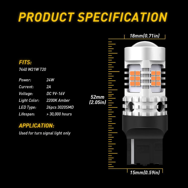 Oxilam OXILAM 7440 LED Bulbs Amber Yellow 2800LM for Turn Signal Lights with Build-in Load Resistor CANBUS Error Free T20 7440NA 7441 W21W WY21W Blinker Bulb Replacement (2PCS)