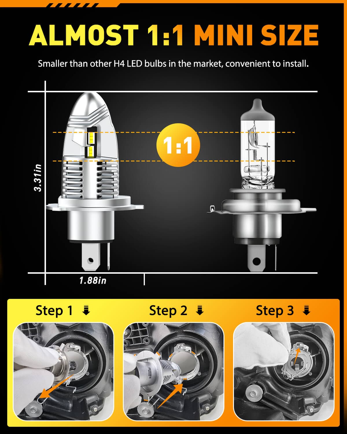 Oxilam Motor Vehicle Lighting OXILAM H4 9003 LED Headlight Bulbs, Mini Size 6000K White Super Bright Hi/Lo Beam Plug and Play