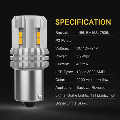 OXILAM Turn Signal Light 1156 LED Bulbs Amber Yellow 2200K Extremely Bright  BA15S 1141 1003 7506 LED Bulbs with High Power 12pcs 3020SMD Chipsets, 2